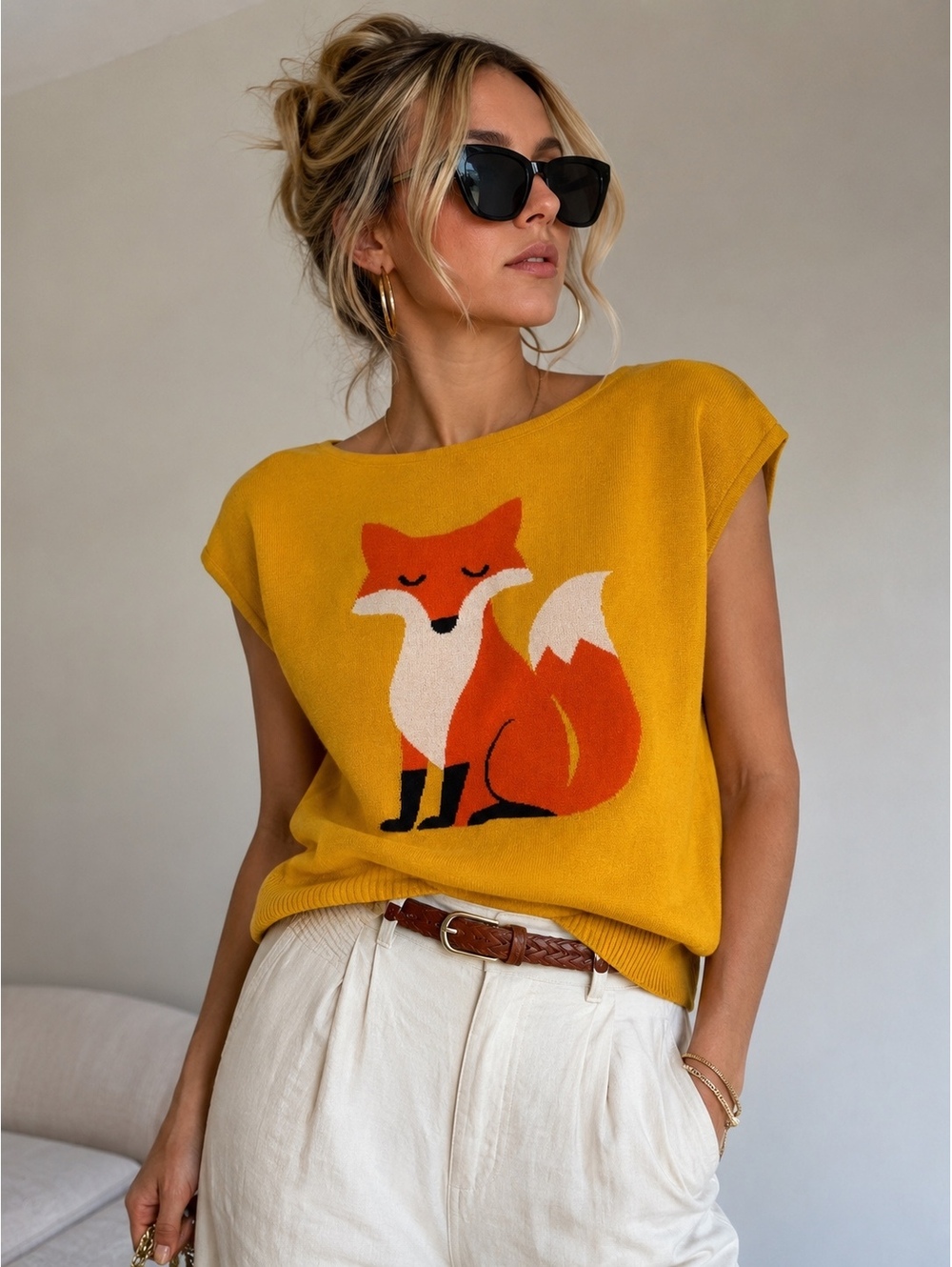 OXKNIT Mustard Yellow Fox Graphic Cotton Knit Top Size M NWOT